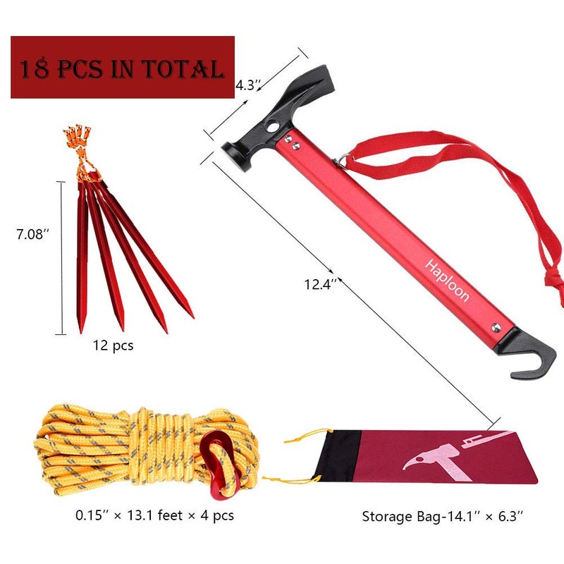 Haploon 12 Pack Tent Stake and Hammer, Camping Accessories Kit Aluminum Tent Mallet Stake Hammer with 7 Inch Metal Tent Pegs, Nylon Guyline Rope 4x13ft with Cord Adjuster and Canvas Storage Bag - Image 2